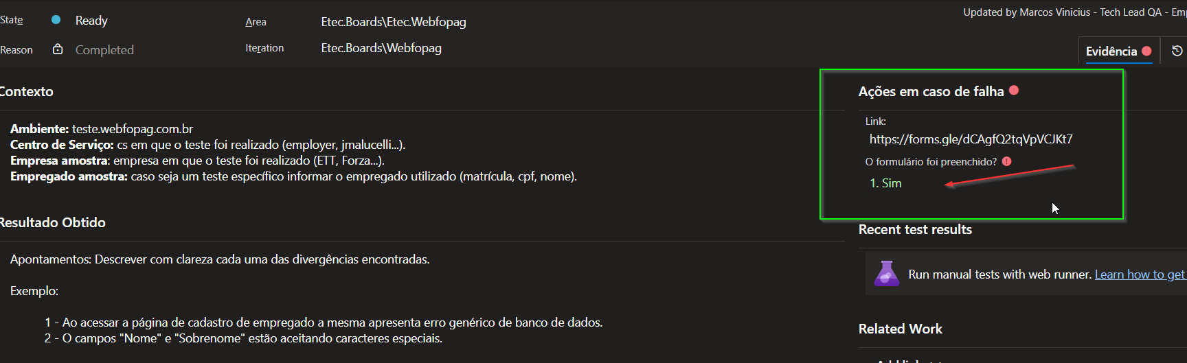 Resposta quanto ao preenchimento do form