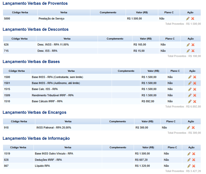 Tabela de consulta de lançamento de verbas