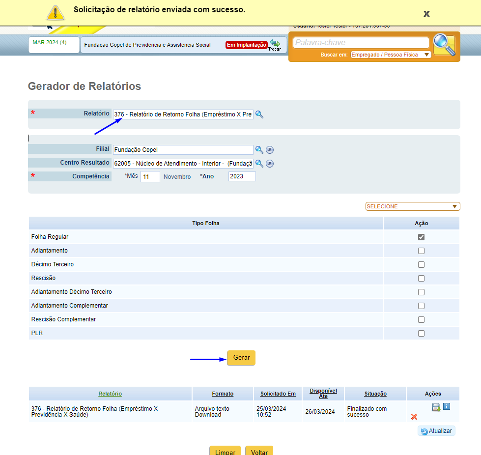 Imagem de configuração do relatório