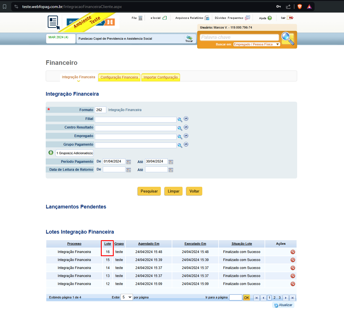 Gerar Integração Financeira