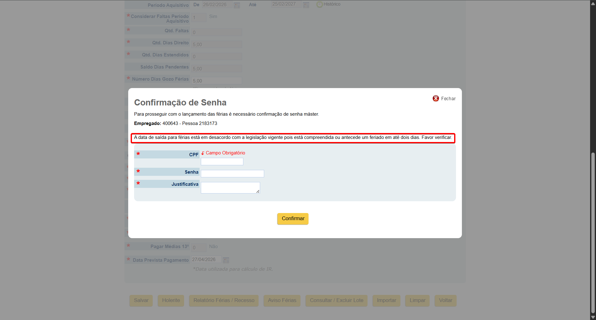modal de confirmação de senha master