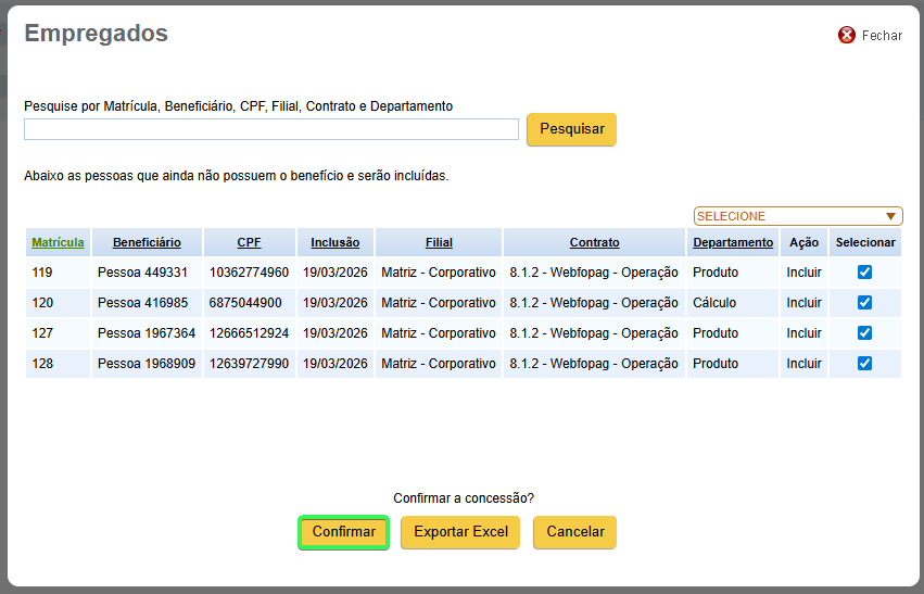 modal com lista de funcionários