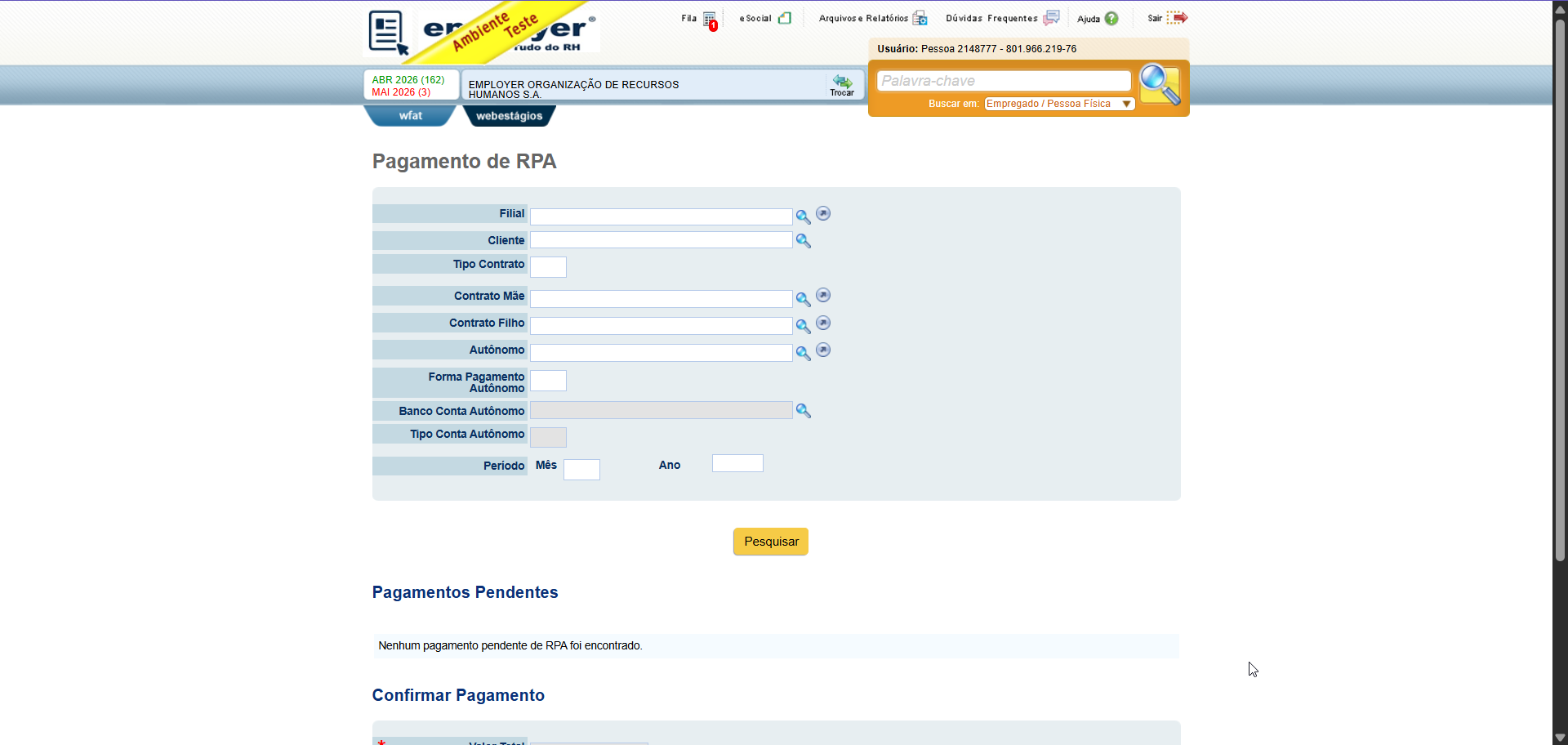 tela pagamento RPA