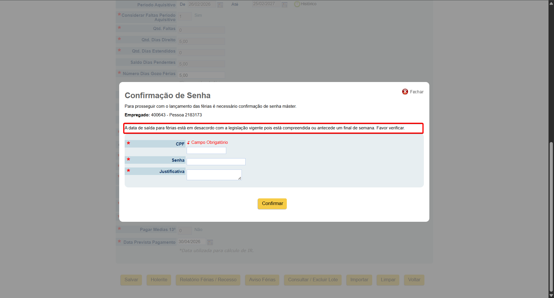 modal de confirmação de senha master