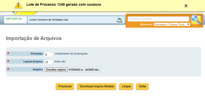 Exemplo da geração do lote de processamento