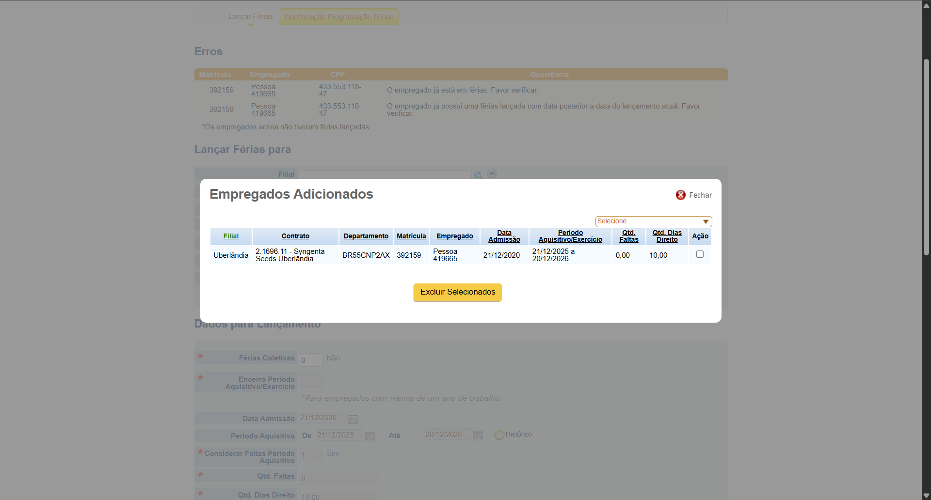 Modal de empregados adicionados