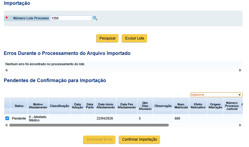 Exemplo da pesquisa e da tabela do lote válido para importação