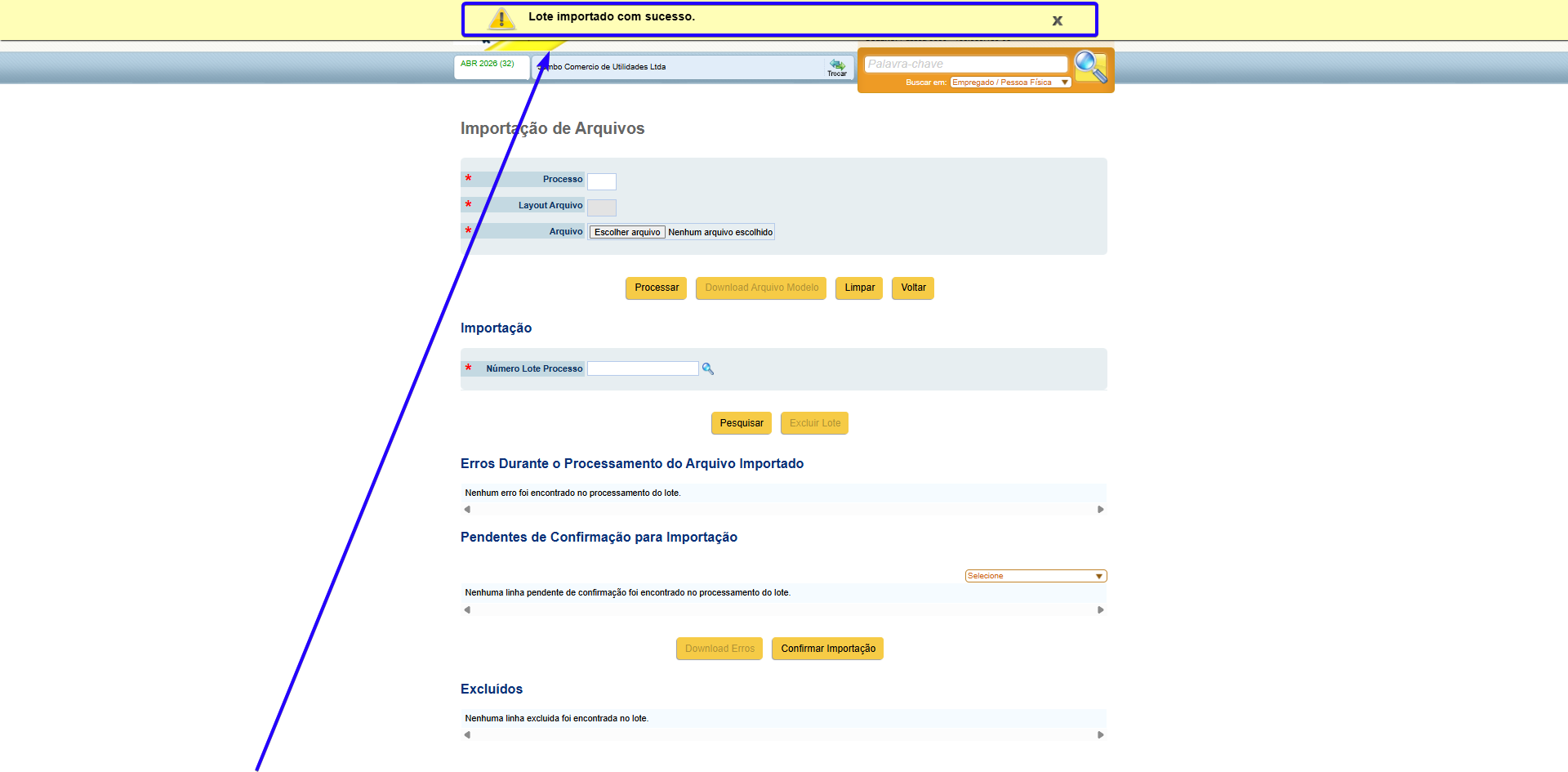 Exemplo de um lote importado com sucesso