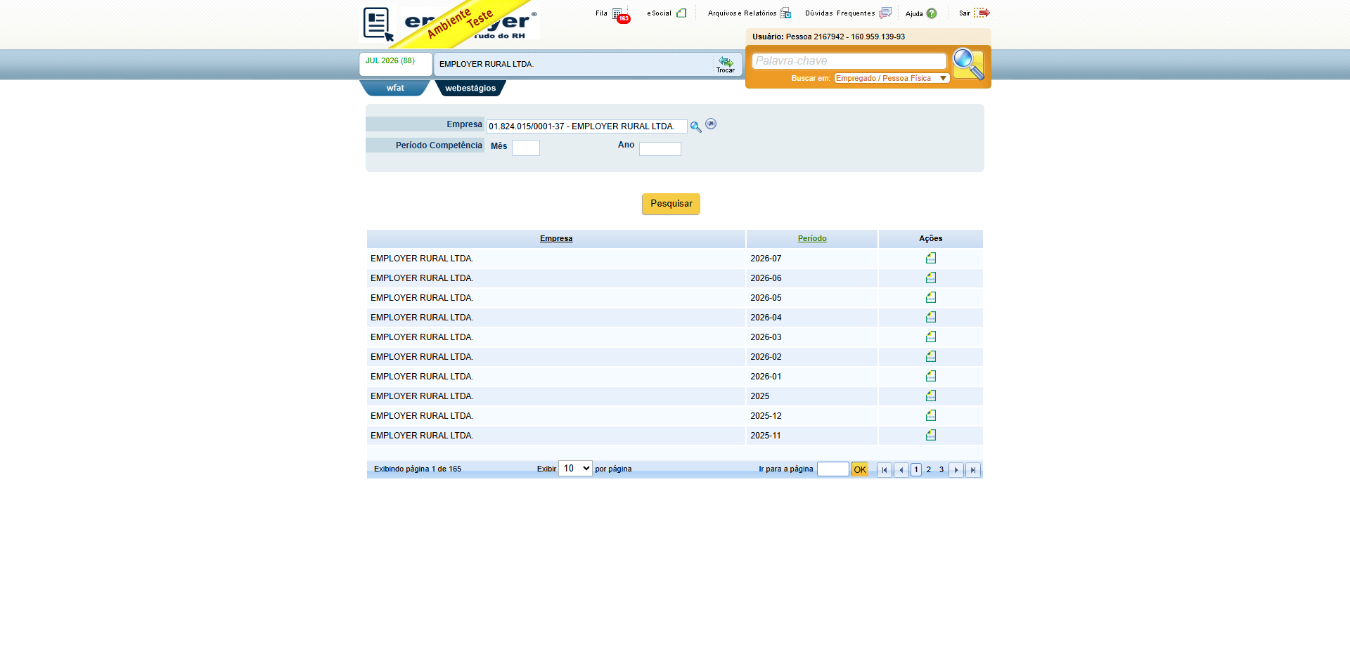 Tela de fechamento de folha esocial