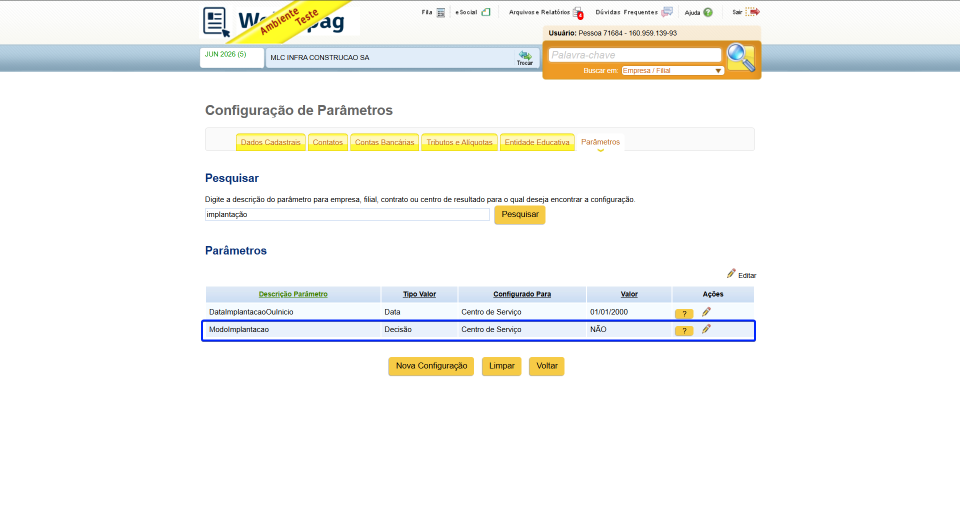 Parâmetro Modo Implantação