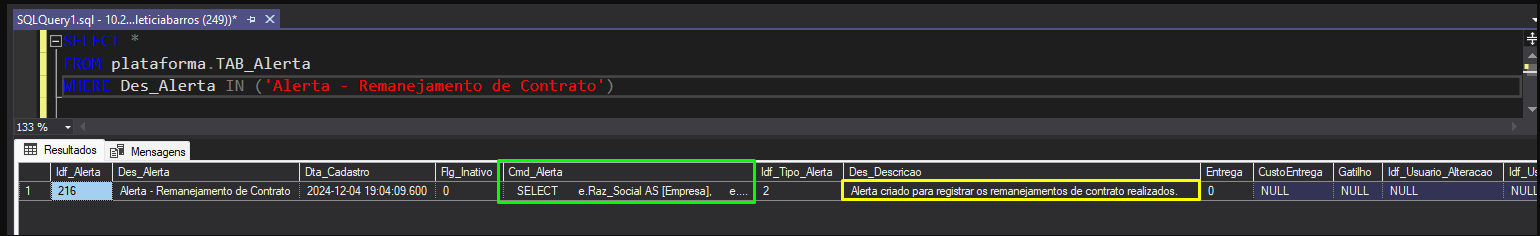 Script na tabela Tab_Alerta