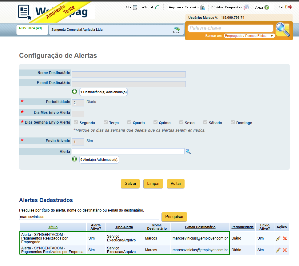 Configuração de alerta
