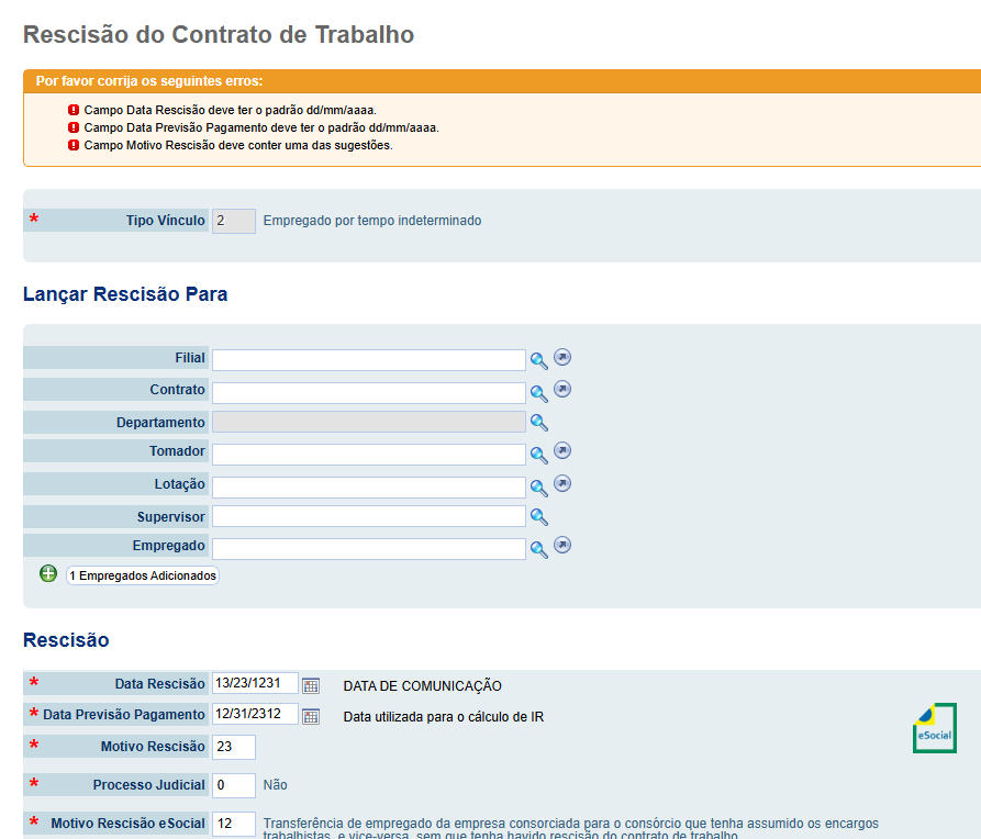 Campos preenchidos com dados inválidos