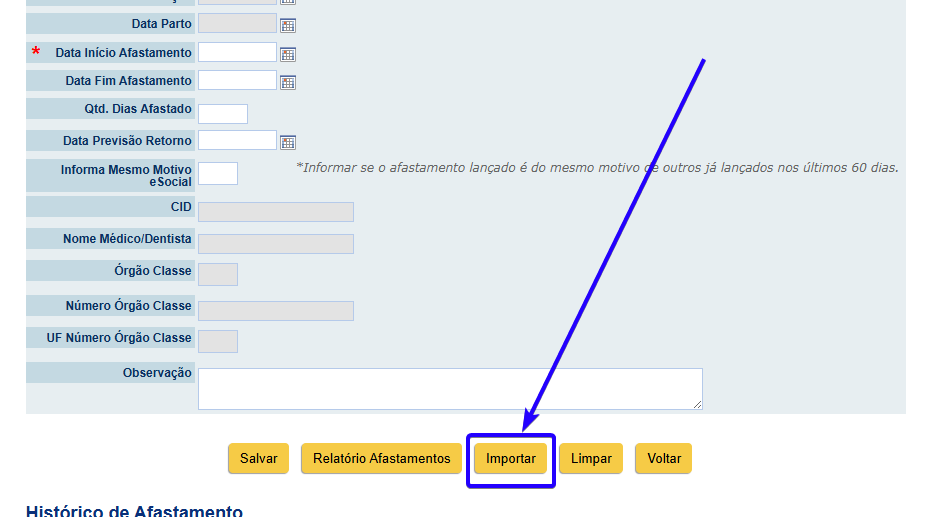 Localização do botão de importar