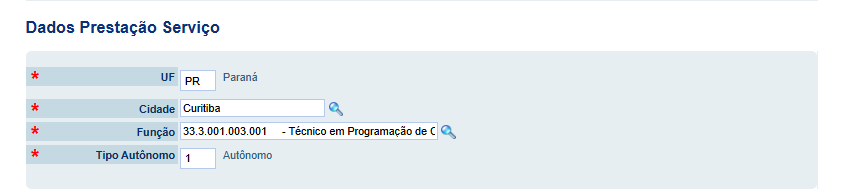Dados da prestação de Serviço