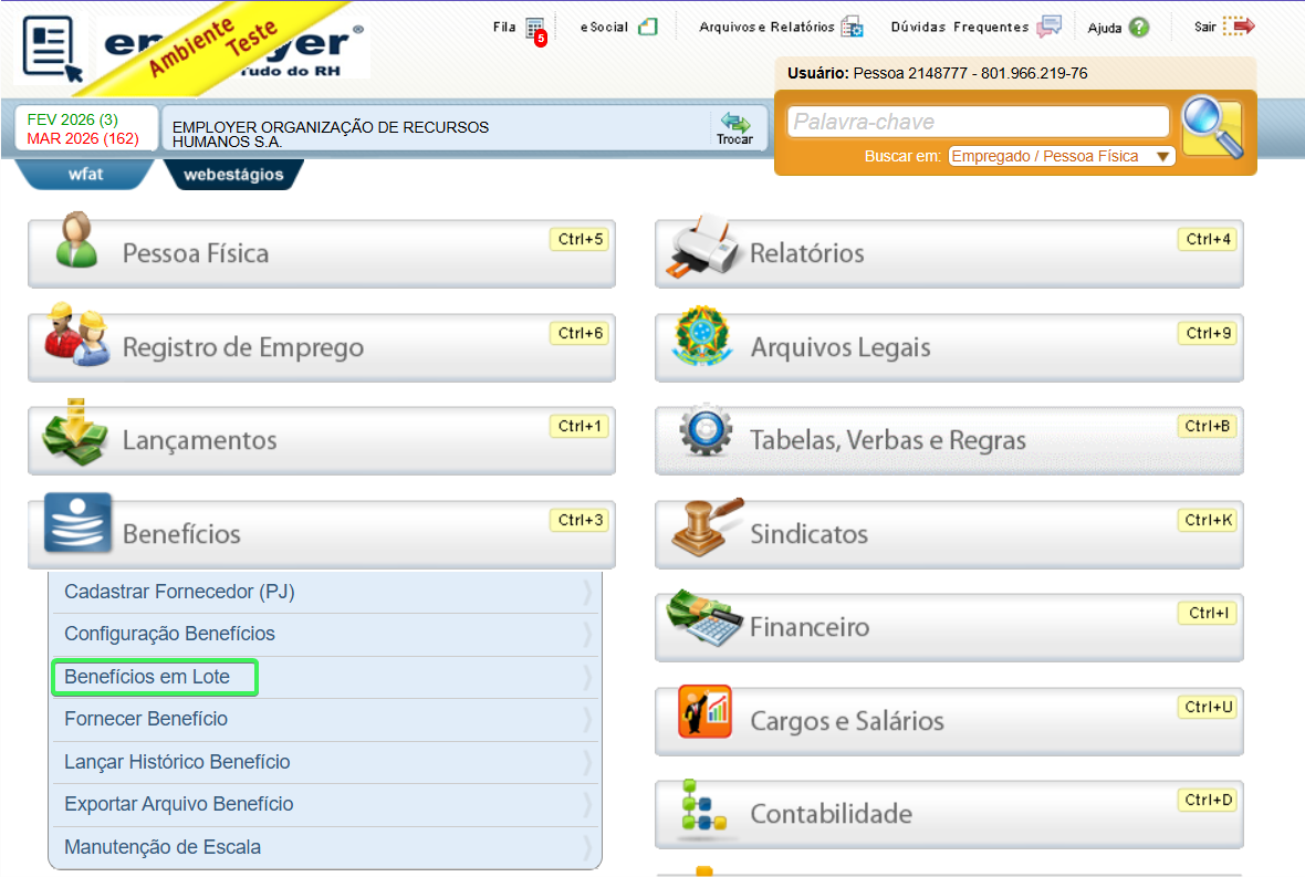 Submenu benefícios em lote