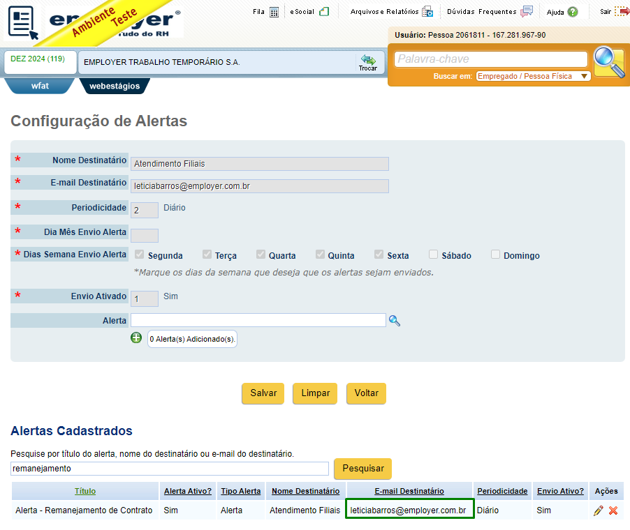 Configuração de alerta