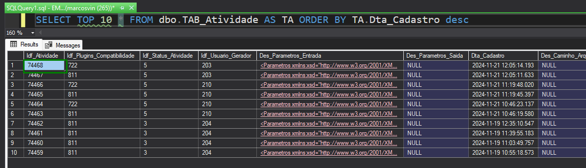 Consulta na tab_atividade