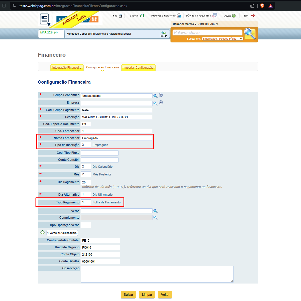 Configuração Financeira